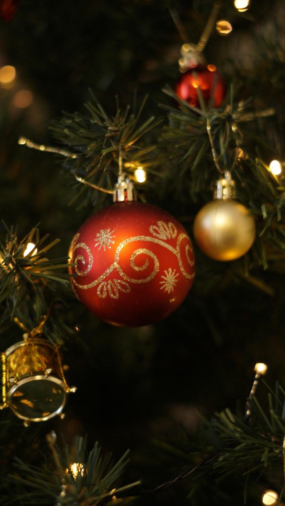 Close-up of decorated Christmas tree with red and gold ornaments.